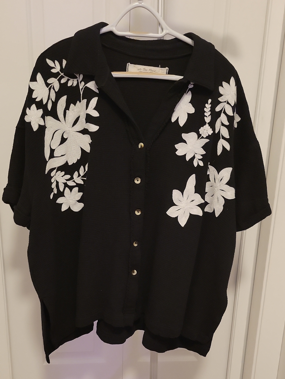 Rare Find Textured Black Button-Up Top With Floral Embroidery (Worn 3X)